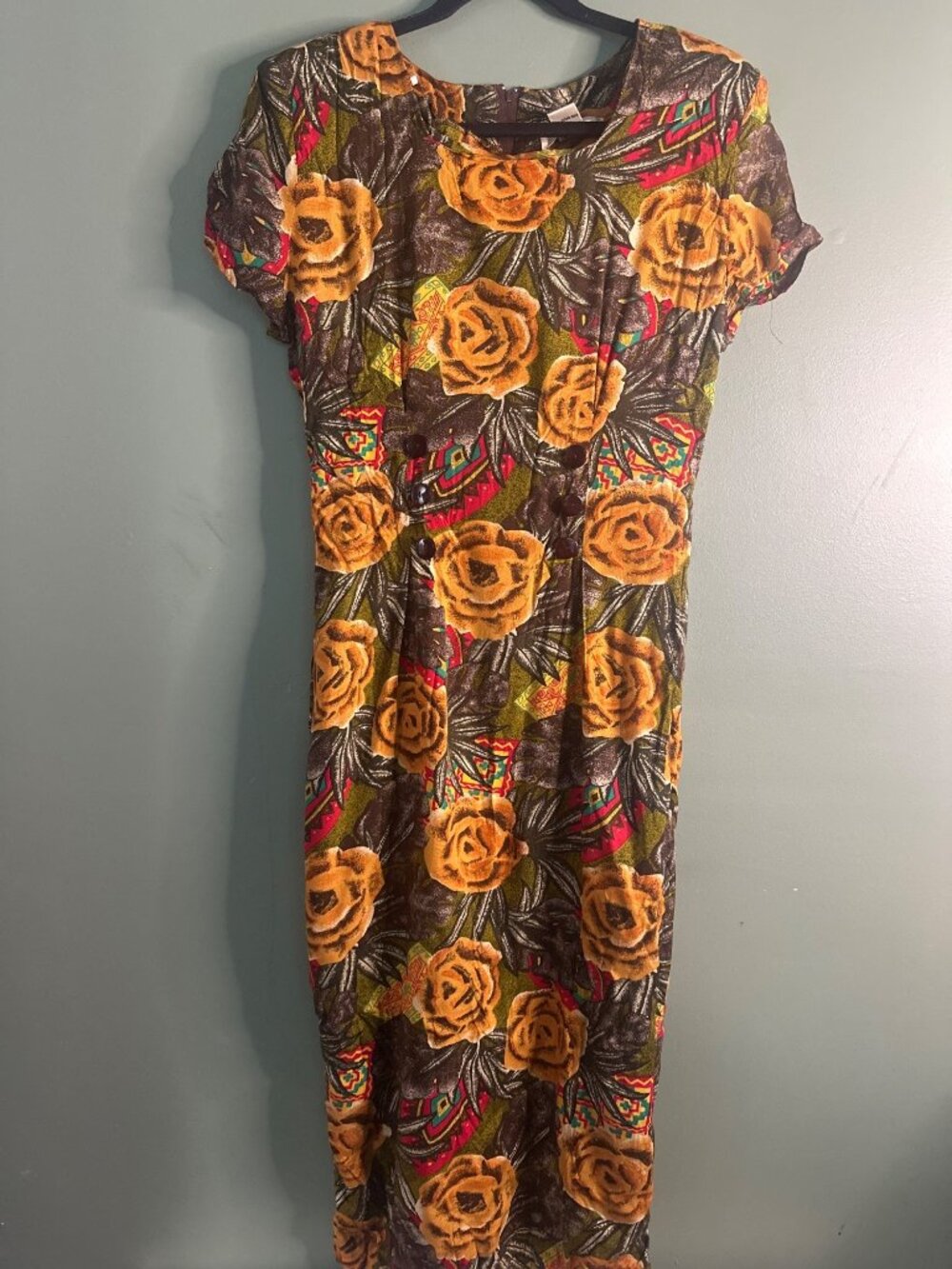 Betsy Lauren 9/10 Vintage 90s Rayon Maxi Dress Floral Shoulder Pads Grunge Boho